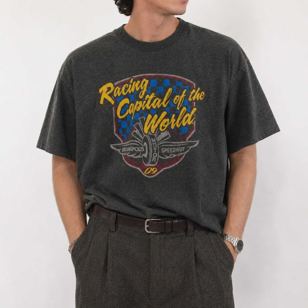 Vintage Indianapolis Motor Speedway Graphic Tee Mens L Dark Gray Racing Shirt 09